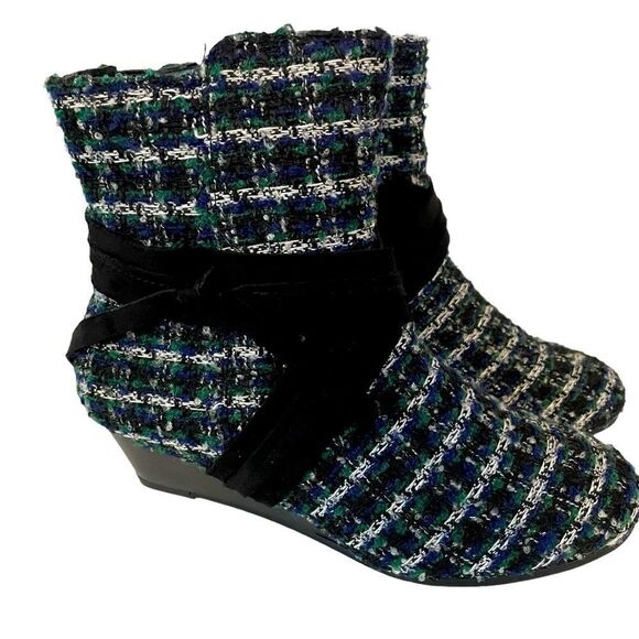 BLUE AND GREEN TWEED FABRIC HEEL - Picture 1 of 7